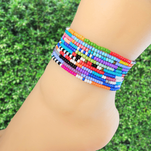 7 Colorful African Zulu Beaded Anklets - Image 2
