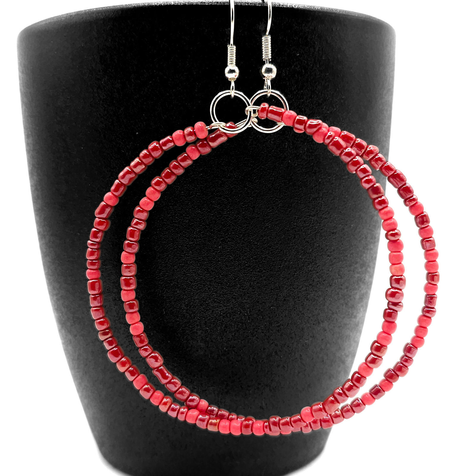 Red and Pink Beaded Hoop Earrings