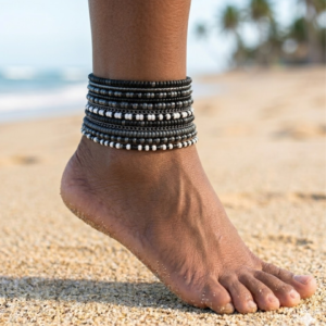 Black Mix Beaded Anklet Set (10pc)